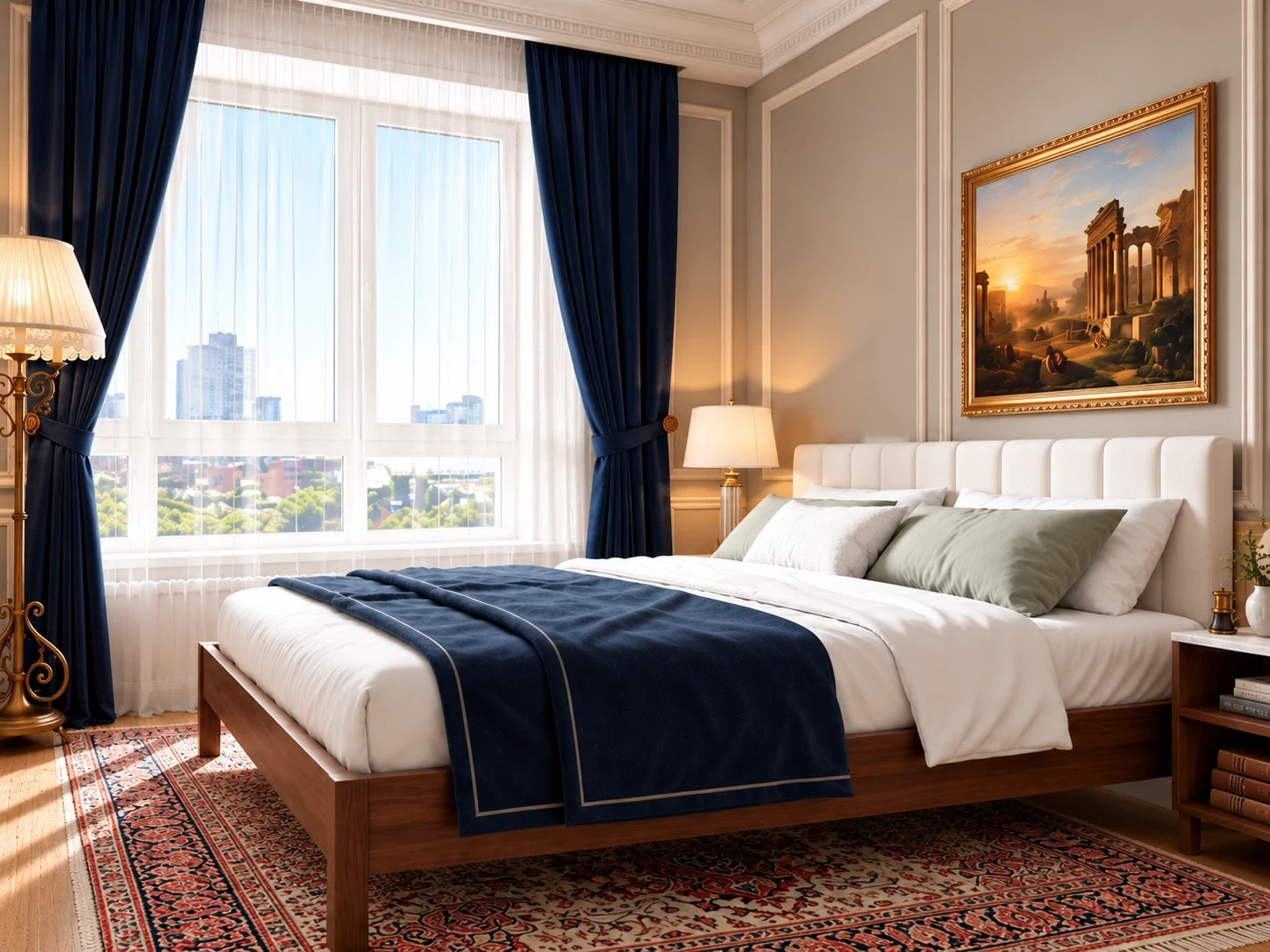 The bedroom styled with an upholstered bed, navy drapes and a gilt-framed painting