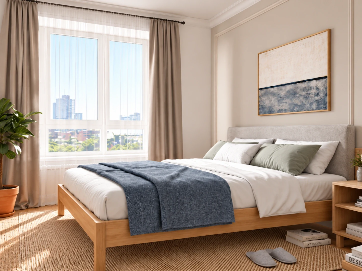 The same bedroom styled with an oak platform bed, linen bedding and a pale rug