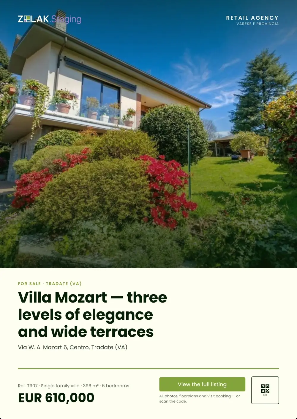 Cover page of a generated property presentation for a villa in Tradate, Italy