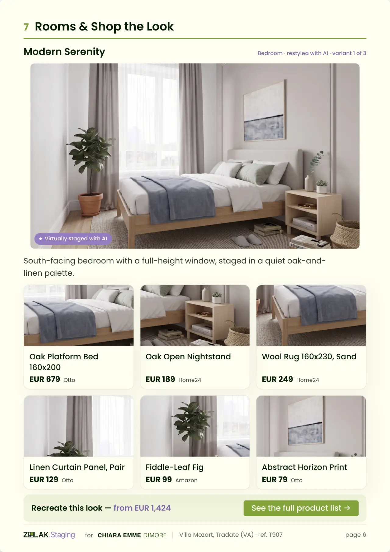 An interior page of the presentation showing a staged bedroom above a grid of six shoppable products with prices