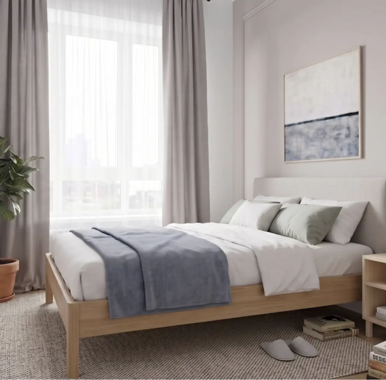 A staged bedroom in a Scandinavian palette with six numbered markers on the shoppable furniture