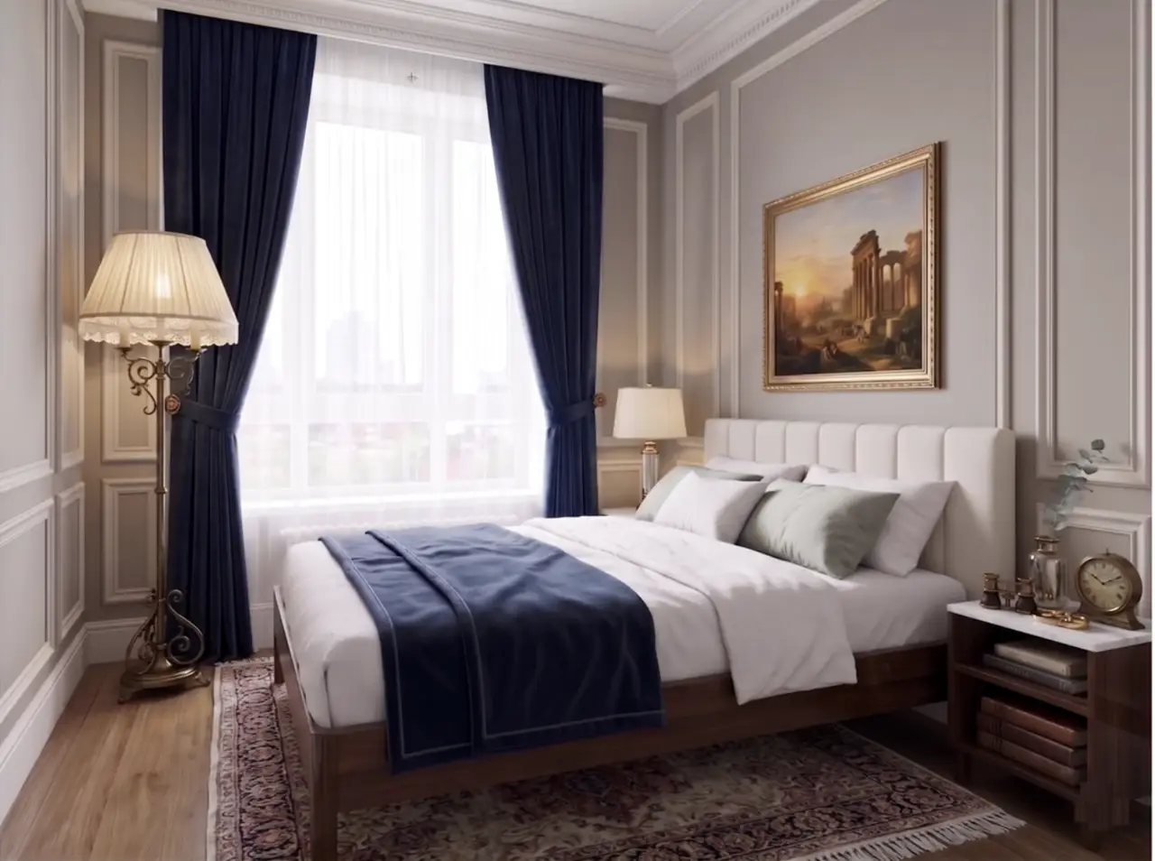 The same bedroom in a classic palette with navy drapes