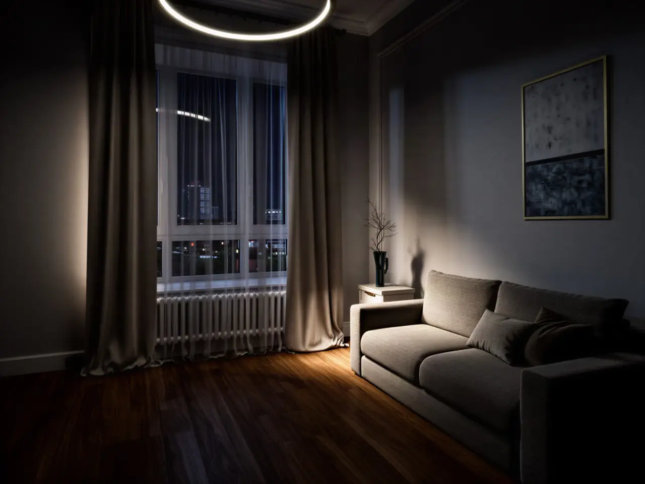 A living room photographed in low evening light